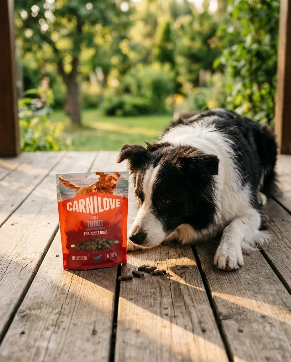 Border collie accanto a una busta di snack Carnilove su un tavolo di legno