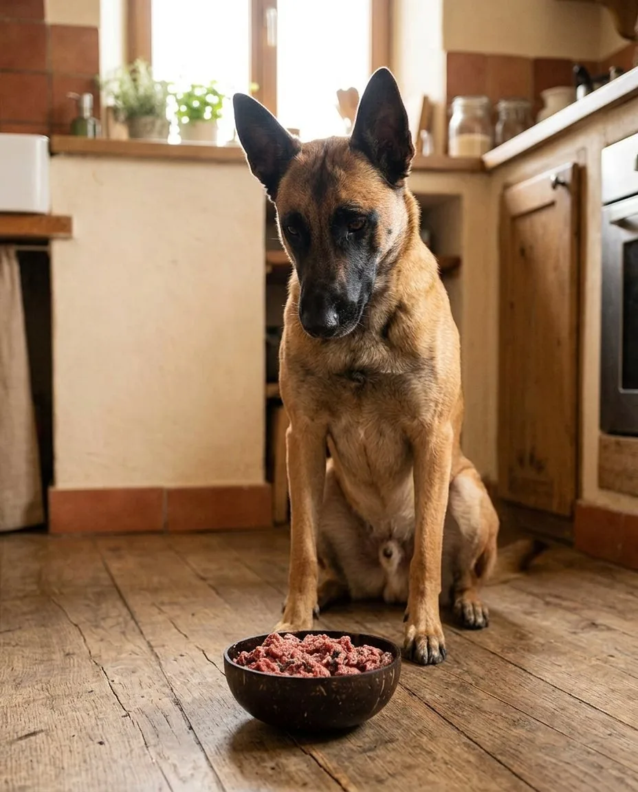 Pastore belga accanto a una ciotola di carne cruda, progetto Crudo Barf