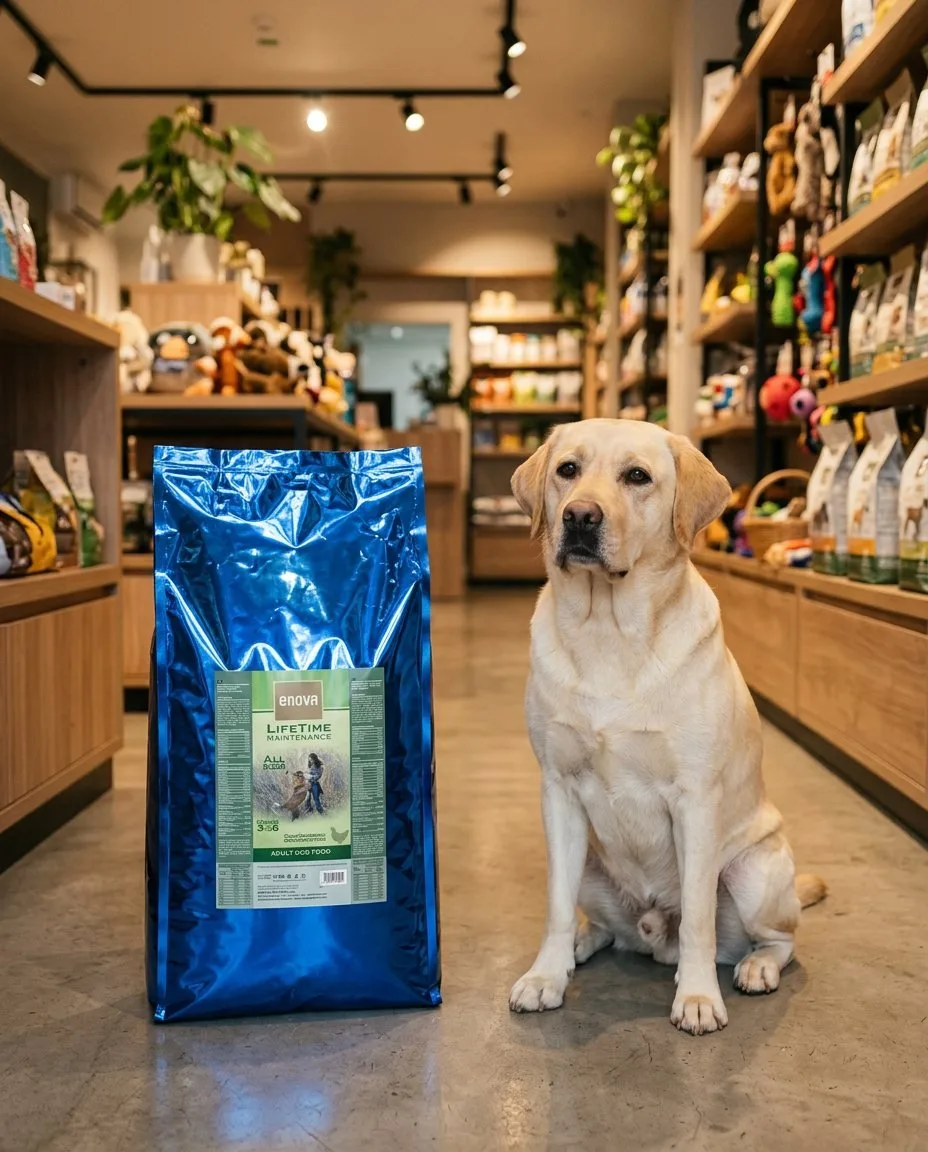 Labrador accanto a un sacco Enova in un pet shop