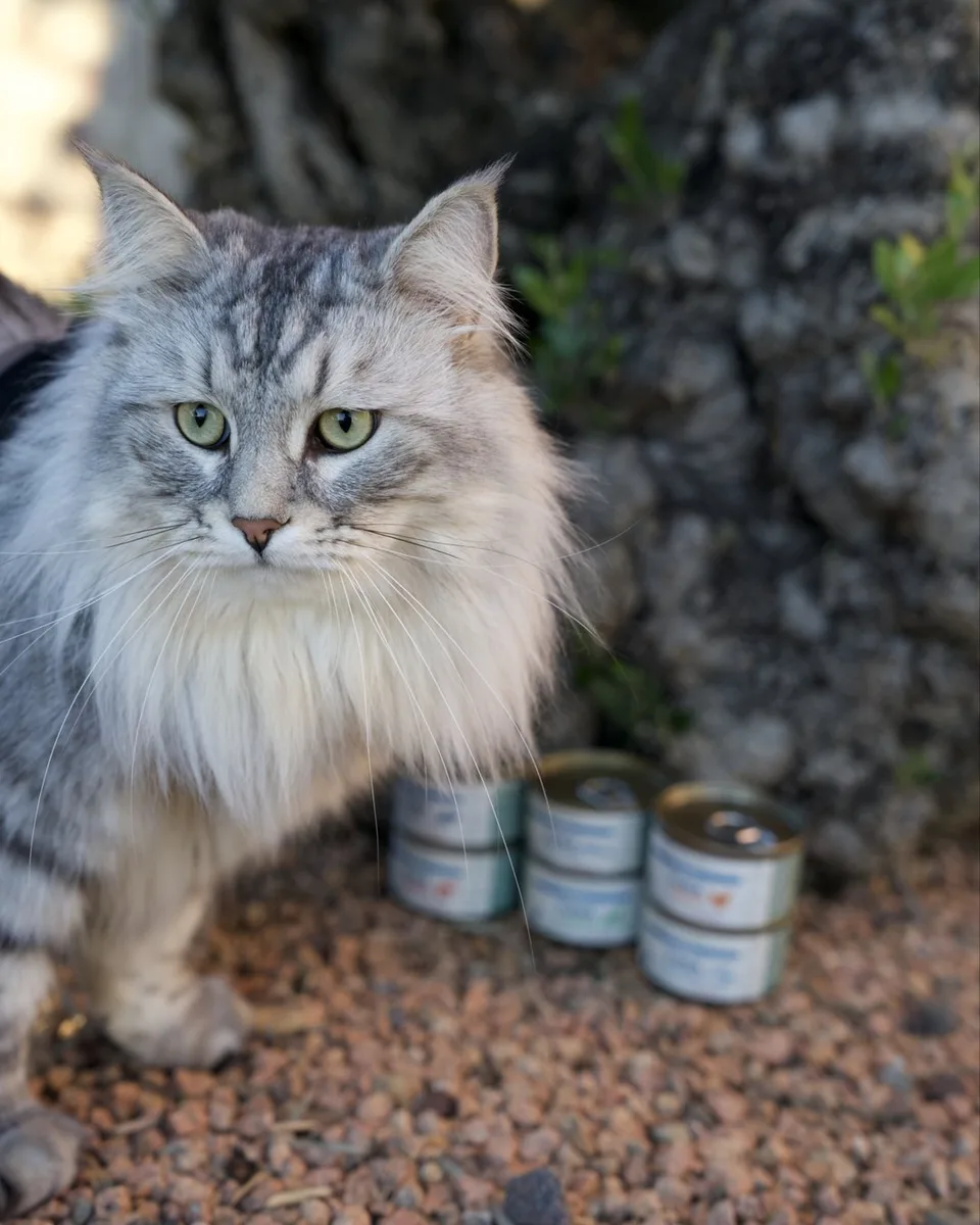 Gatto siberiano Tom accanto alle lattine Holistik Line su un sentiero di ghiaia