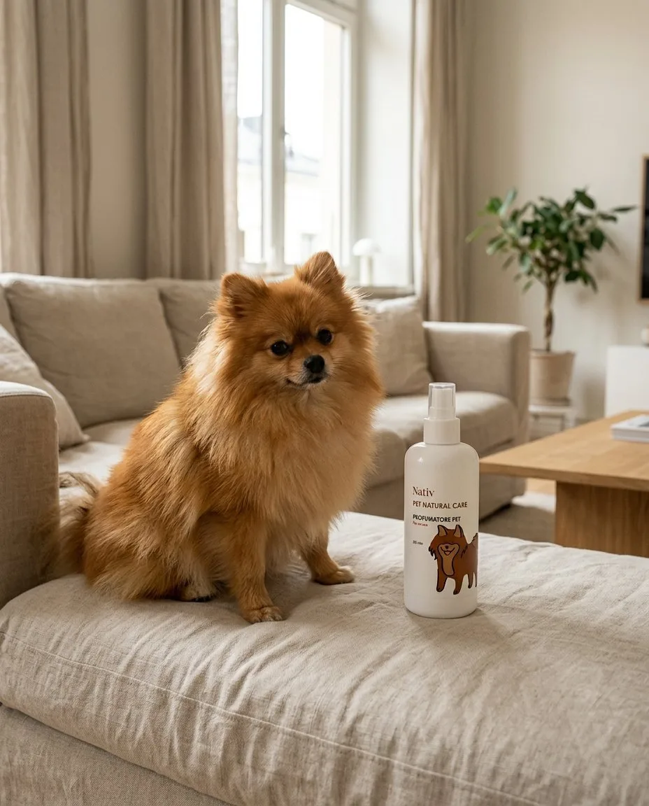 Volpino sul divano accanto allo spray Nativ Pet Natural Care
