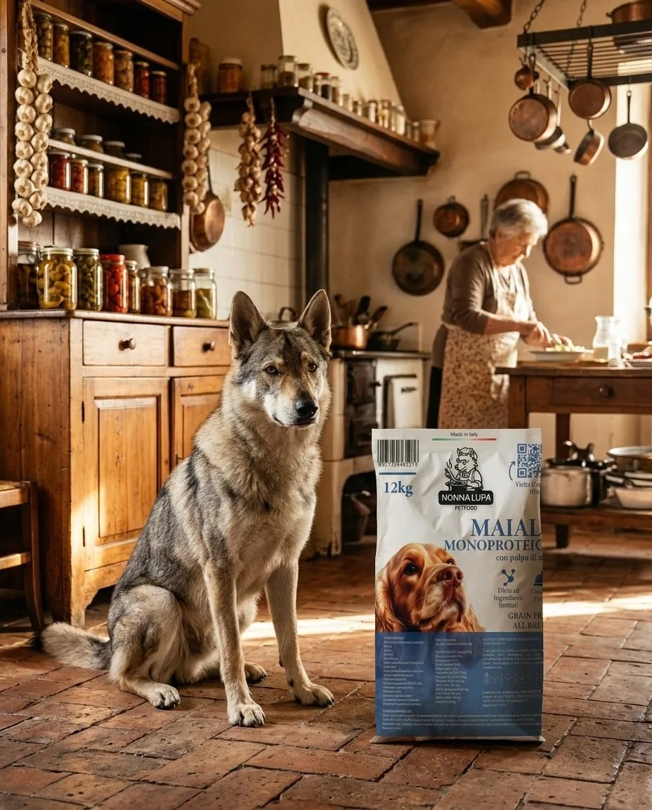 Cane lupo accanto al sacco di crocchette Nonna Lupa in una cucina