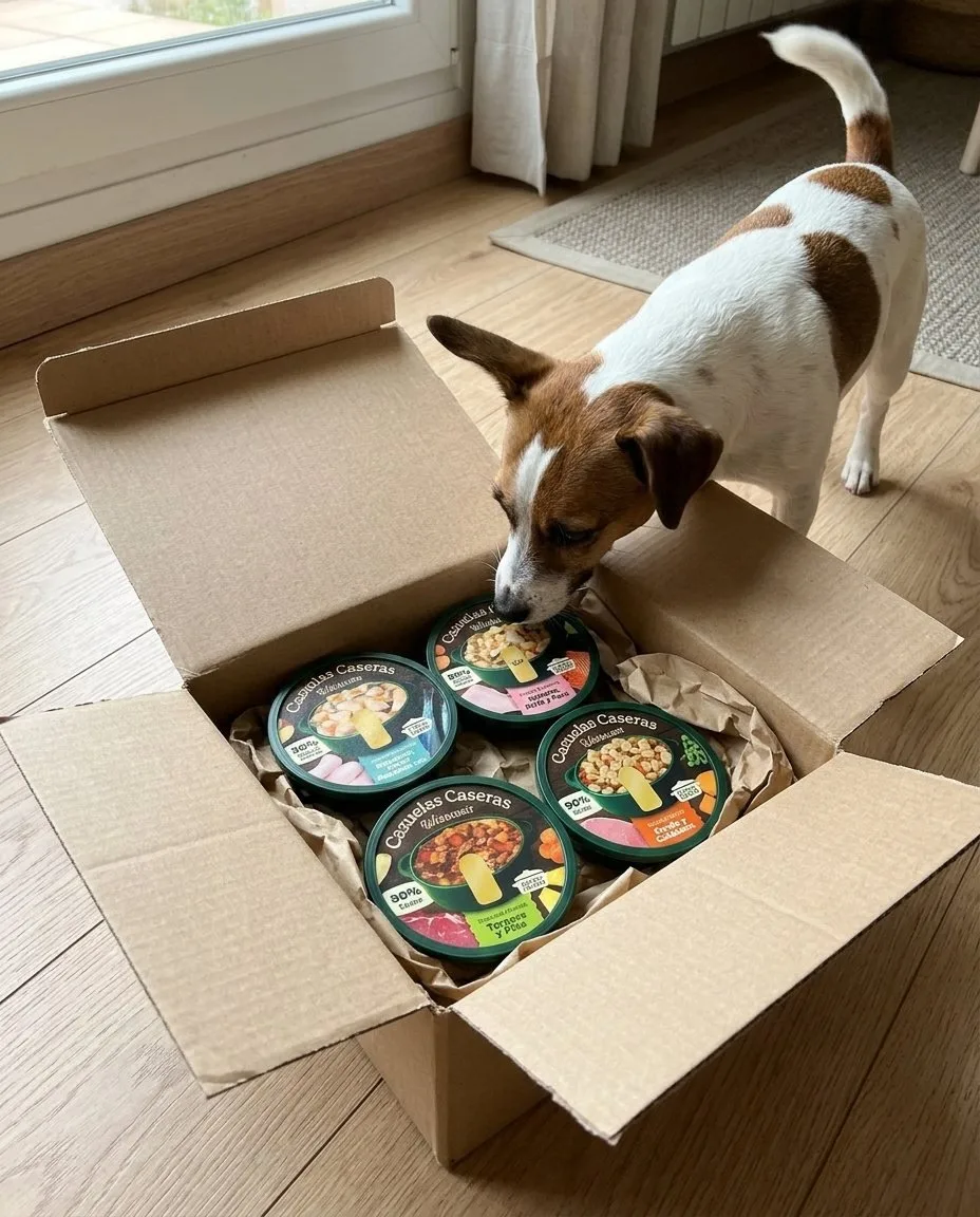 Jack Russell che annusa una scatola di vaschette di pet food, progetto Outlet Animali