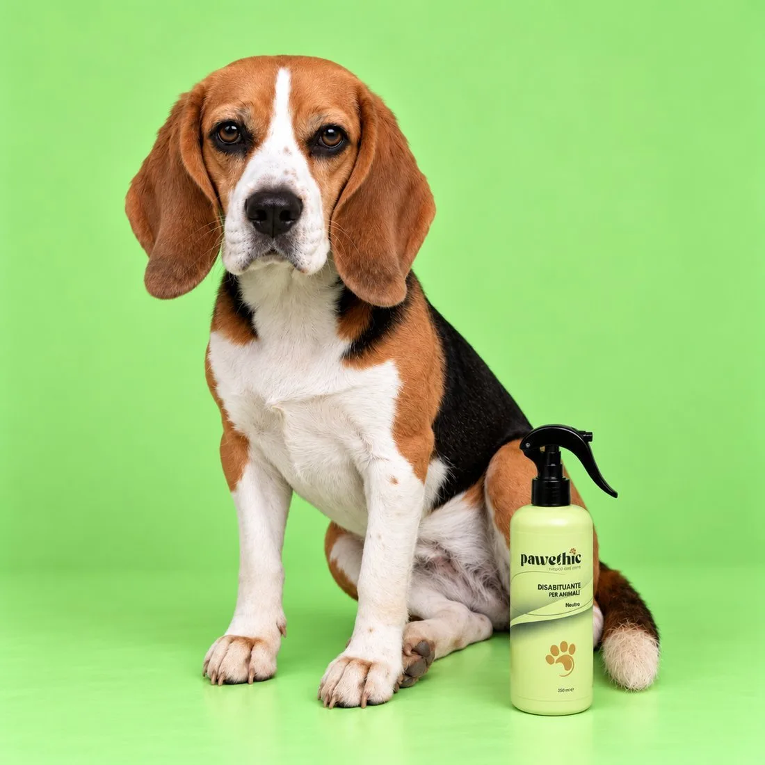Beagle accanto allo spray disabituante Pawethic su fondo verde