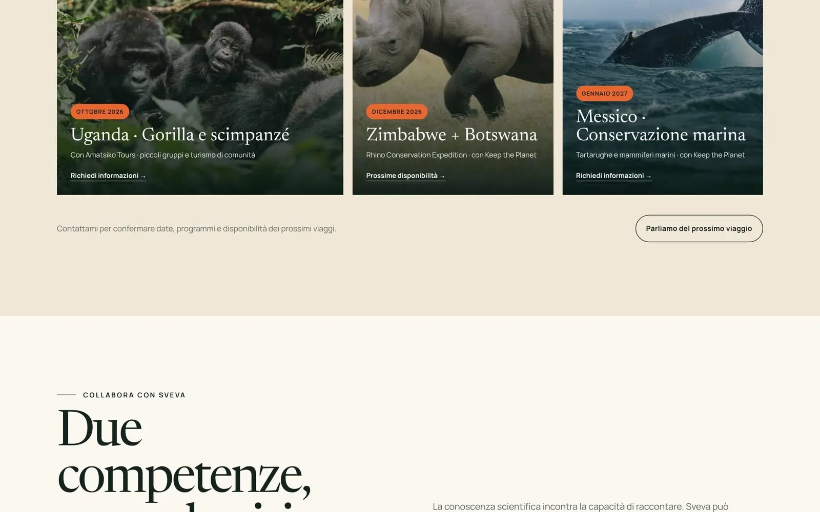 Sezione viaggi del sito Sveva Gelfi, con le spedizioni in Uganda, Zimbabwe e Messico