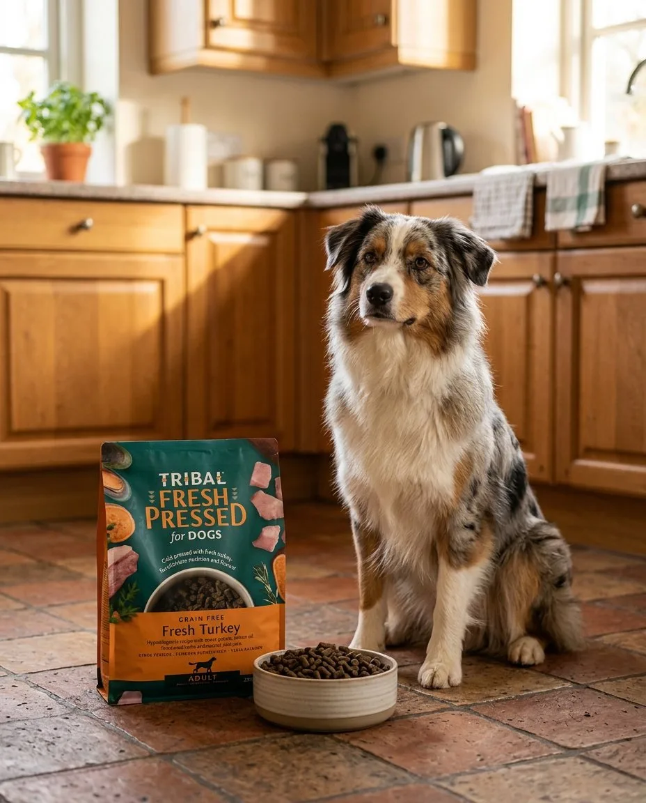 Australian shepherd accanto al sacco Tribal Fresh Pressed e a una ciotola di crocchette
