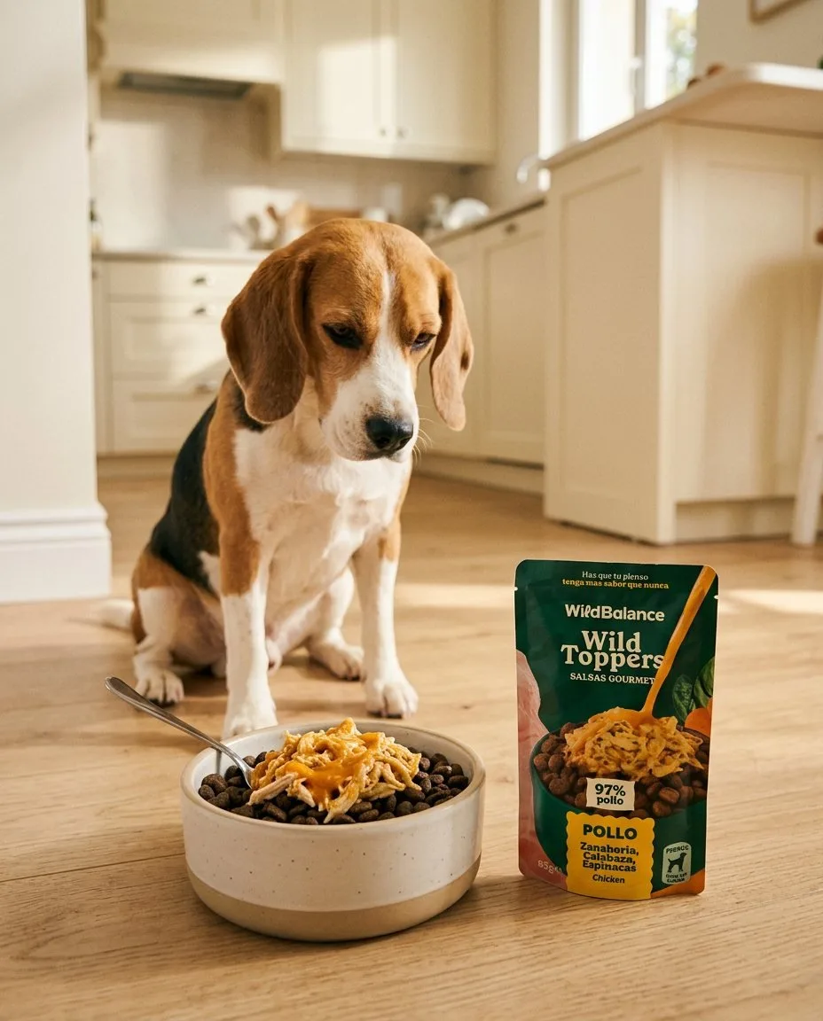 Beagle accanto a una ciotola e alla busta Wild Balance Wild Toppers in cucina